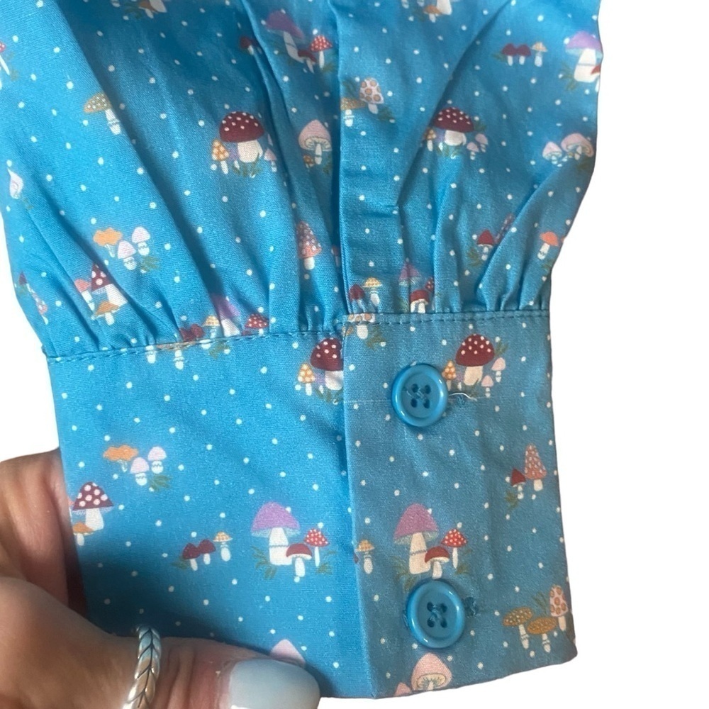 Nwt Maisonette Blue Polka Dot Mushroom Print Collar Blouse Prairie Cottagecore — image 3 of 8